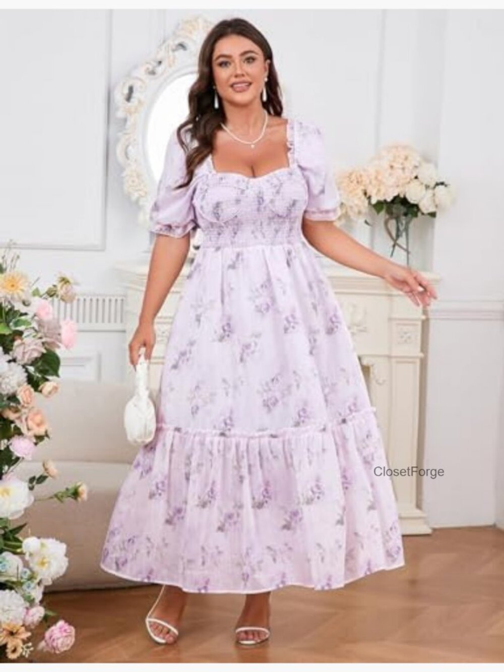 Plus Size Floral Maxi Dress Puff Sleeve Smocked Corset Cottagecore - Picture 2 of 7
